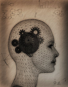 Illustration of the human head with brain represented as gears.