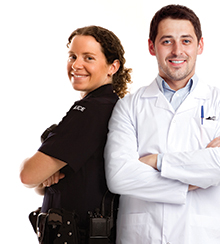 Portrait of adult Caucasian policewomen standing back to back with male scientist