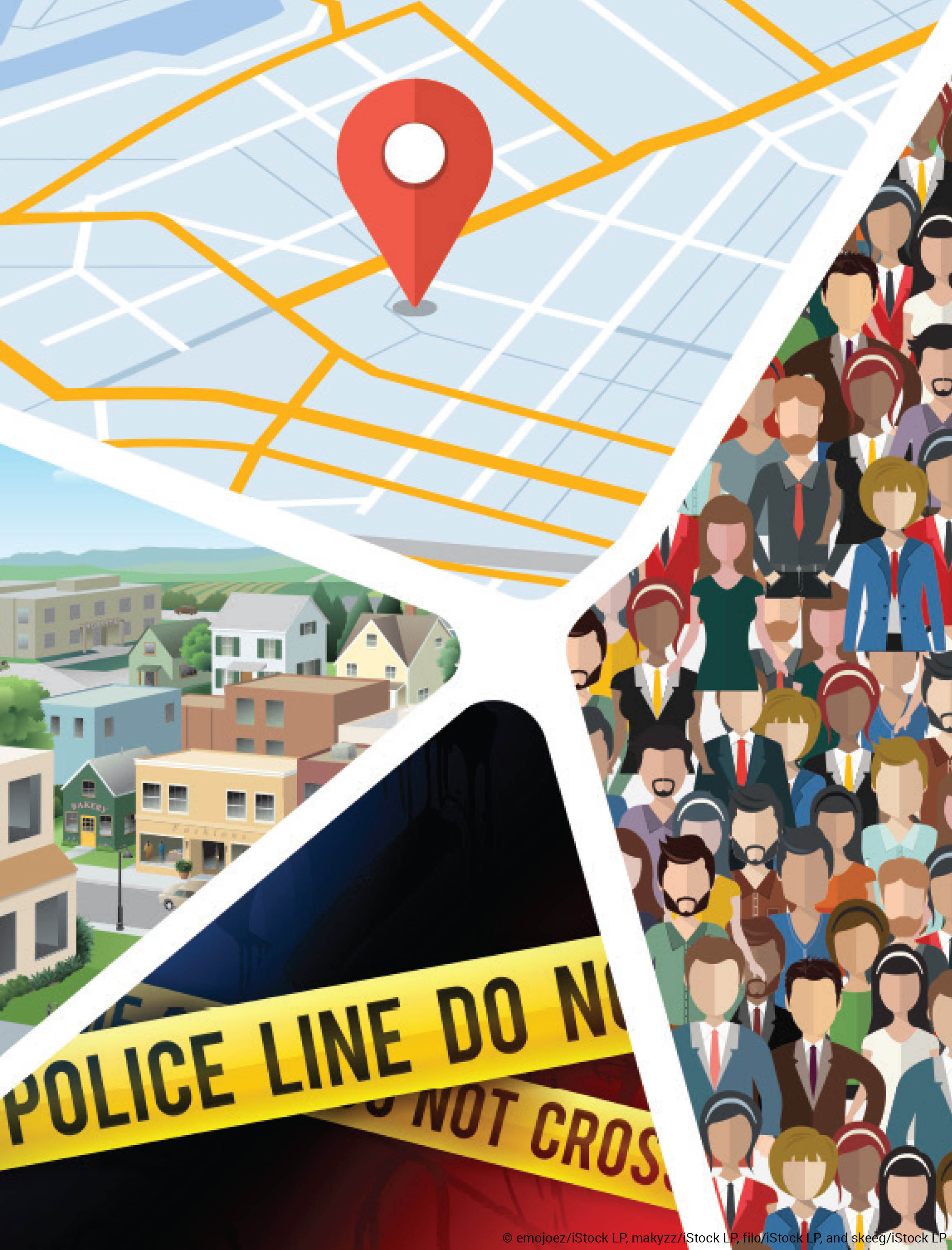 Illustration of map, buildings, a crowd, and police line tape