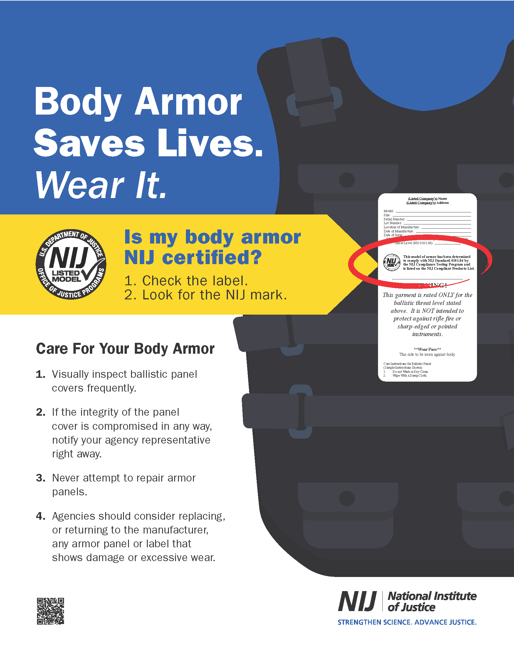 Body Armor Saves Lives. Wear It. NIJ Poster