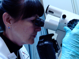 A photo of Nurse Ferrell using technology to examine evidence specimens.