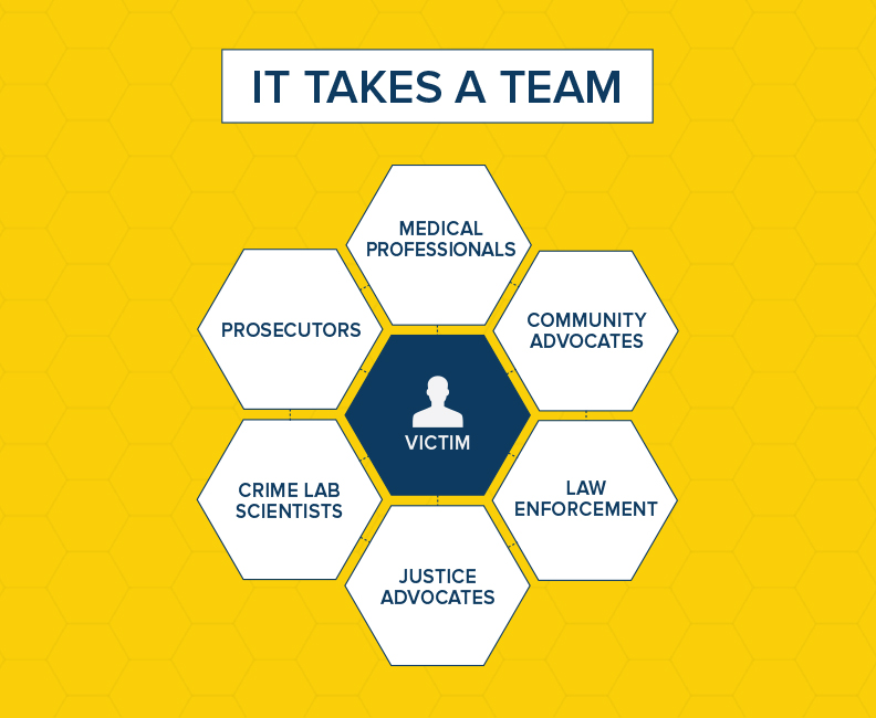 A graphic depicting various disciplines involved in sexual assault response. With the victim at the center of this work, law enforcement, justice and community advocates, forensic nurses, prosecutors, and crime lab scientists collaborate as a team to move cases forward.