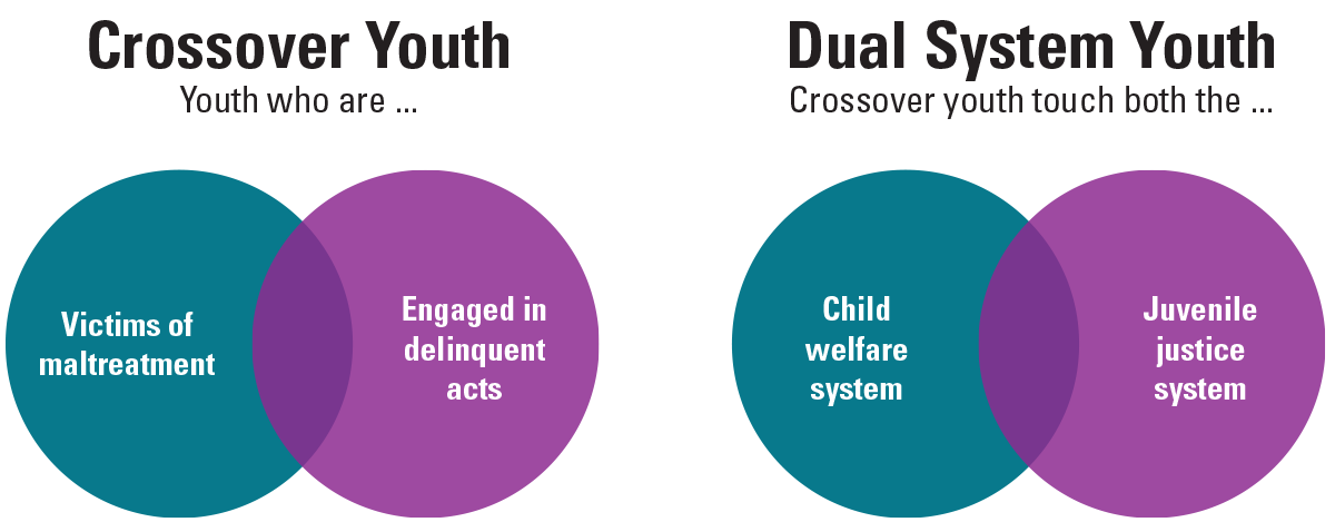 Crossover youth are youth who have been victims of maltreatment and have also engaged in delinquent acts. Dual system youth are crossover youth who have touched both the child welfare and juvenile justice systems. 