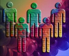 image of 5 stick figures with multicolored background