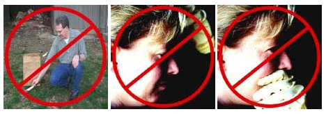Images of evidence contamination including touching the face, sneezing, touching an area where DNA might exist overlaid with a red do not do symbol