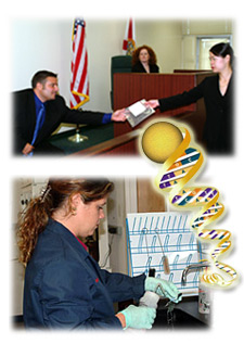 two photos, one inside of a courtroom and one inside of a lab