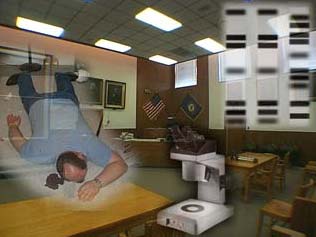 Image overlay of victim with blood spatter, microscope for dna analysis, and courtroom interior