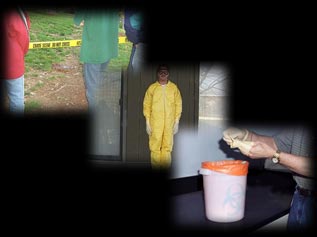 Images of a crime scene, officer in personal protective equipment, and temporary storage