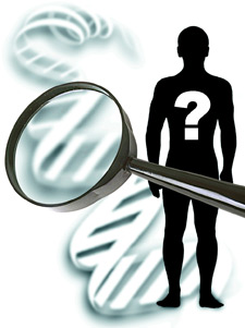 Outline of a person with a question mark on top, as well as a magnifying glass over DNA