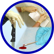 Image of gloved hands holding a knife, collecting fingerprint, and collecting blood sample