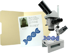 photo of a microscope examining DNA strand, as well as an open manila folder with a paper that has picture of same DNA sample.