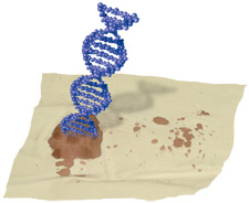 Illustration of DNA strand coming out of blood stain on fabric