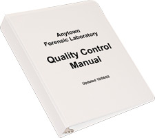 Image of a 3 ring binder with the words Quality Control Manual on the cover