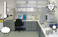 Photo of a laboratory, with 4 graphic symbols on top: Thermometer, rain cloud, biohazard, UV/Sun 