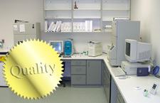 Photo of a laboratory with a gold foil sticker on top that says Quality