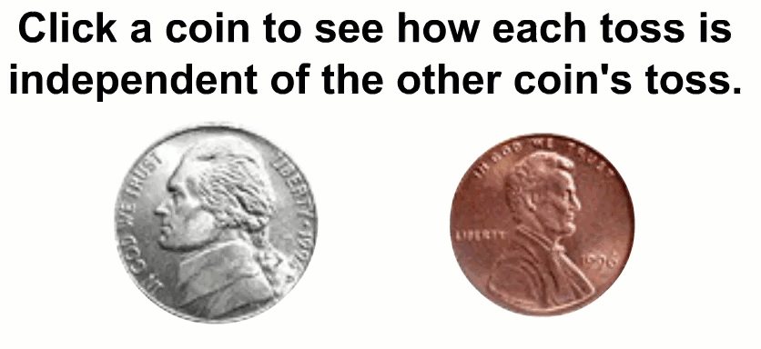 Animated image of a coin toss, a nickel on the left and a penny on the right