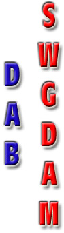 text illustration of words "DAB" in blue and "SWGDAM" in red