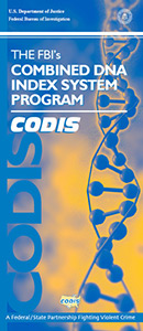 Blue and orange background with a DNA double helix in the background. Text in the foreground says CODIS