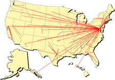 map of the united states with multiple red lines originating from Washington D.C. spreading across the map 
