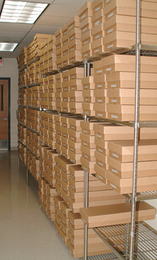 Photo of multiple boxes of stacked on shelves