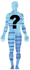 Illustration of human body outline with DNA image in the background with a question mark on top