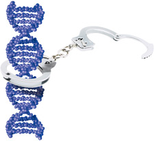 illustration of a pair of hand cuffs. One cuff is locked around a large strand of DNA