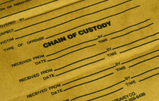 Zoomed in photo of an evidence bag where the words "Chain of Custody" can be read