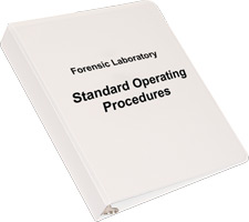 Photo of a three ring binder with the words "Forensic Laboratory Standard Operating Procedures" on the cover