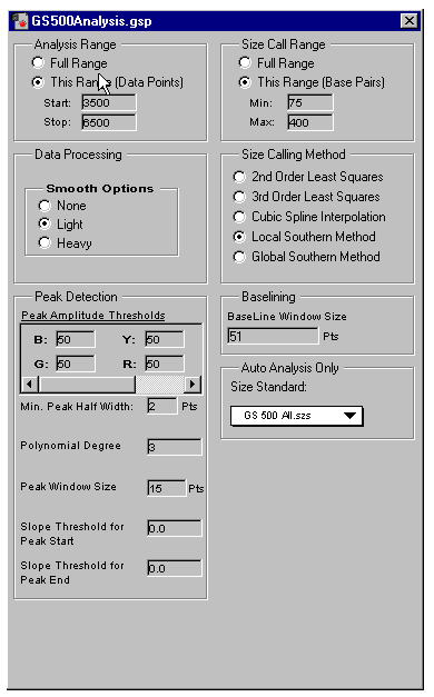 Image of configuration screen for analysis parameters for the GeneScan® 3.7 for Windows NT