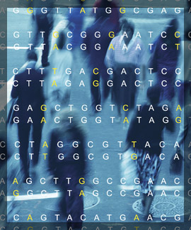 Conceptual photo of a mass group of people behind dna samples for typing