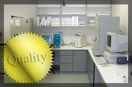 Photo of a chemist lab - The quality approval seal appears in front of the picture. 