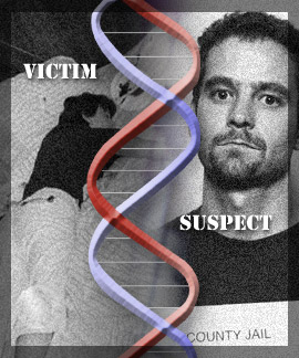 Photo of a DNA strand symbol and the background contains a photo example of a suspect and victim to crime scene