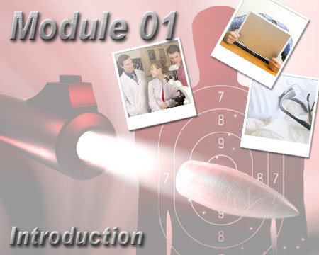 Background image CGI of gun firing bullet. Text on top says "Module 01"
