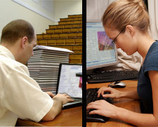 Two photos side by side, one of a man typing on a laptop, one of a woman typing at a desktop computer.