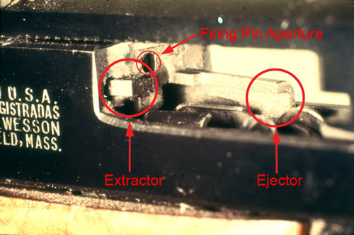 Extractor, ejector and firing pin aperture of a Smith and Wesson pistol