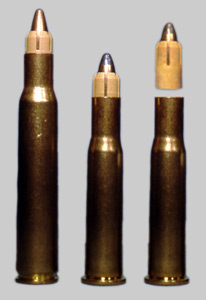 Accelerator ammunition: small bullet covered by a plastic sabot or sleeve to fire in a larger caliber firearm