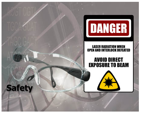 Graphic depicting the word Safety, safety goggles, and a danger laser radiation sign