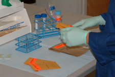 Photo of a scientist examining evidence in a lab
