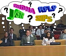 Photo of a jury with a thought bubble with the words "mtDNA", "RFLP", "ySTR", and "SNPs" inside.