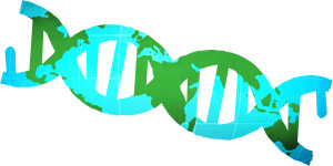 Cartoon image of a DNA double helix with a map of the globe overtop of it