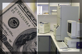 Split Photo of a private lab on the right and a thousand dollar bill on the left