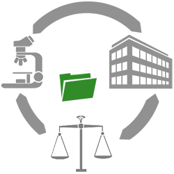 illustration of a microscope, set of scales, an office building, and a green file folder