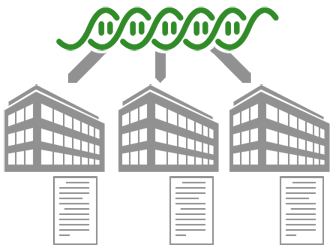 illustration of 3 office buildings with DNA strand over top