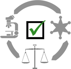 illustration with a microscope, set of scales, a police badge, and a checkmark