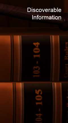 Photo of a law book binders. Caption reads 'Discoverable Information'