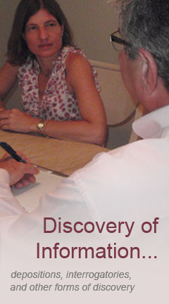 Photo of a woman talking with her attorney. Caption says "depositions, interrogatories, and other forms of discovery"