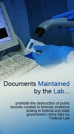 Photo of a lab technician retaining samples for testing. Caption reads, 'Documents maintained by the lab.'