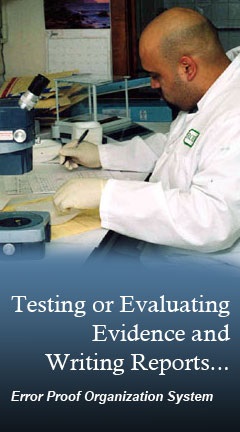 Photo of a lab technician writing a report and testing evidence