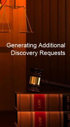 Photo of law book binders, a gavel, and a justice scale. Caption reads, 'Generating Additional Discovery Requests'