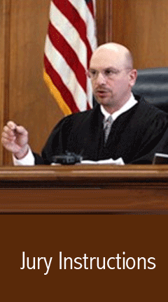 Photo of a judge issuing jury instructions. Caption reads, 'Jury Instructions'